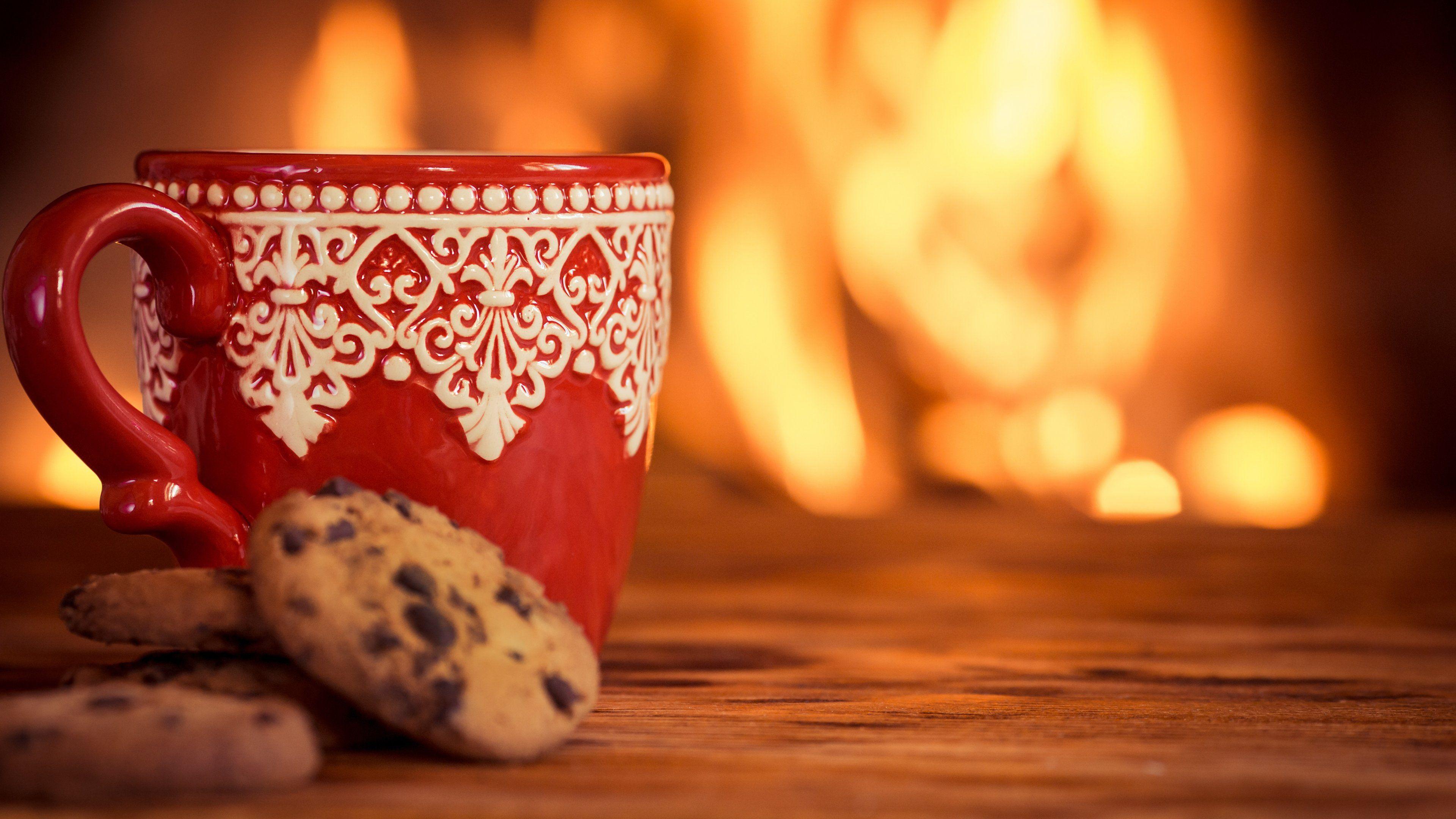 3840x2160 Download desktop wallpaper Coffee Cup Cookies Cute Fire 3840x2160