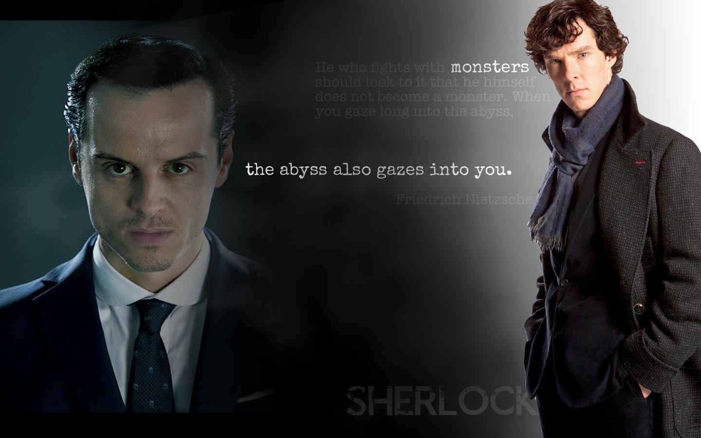 1440x900 Sherlock wallpaper featuring Moriarty and a quote from Nietzsche