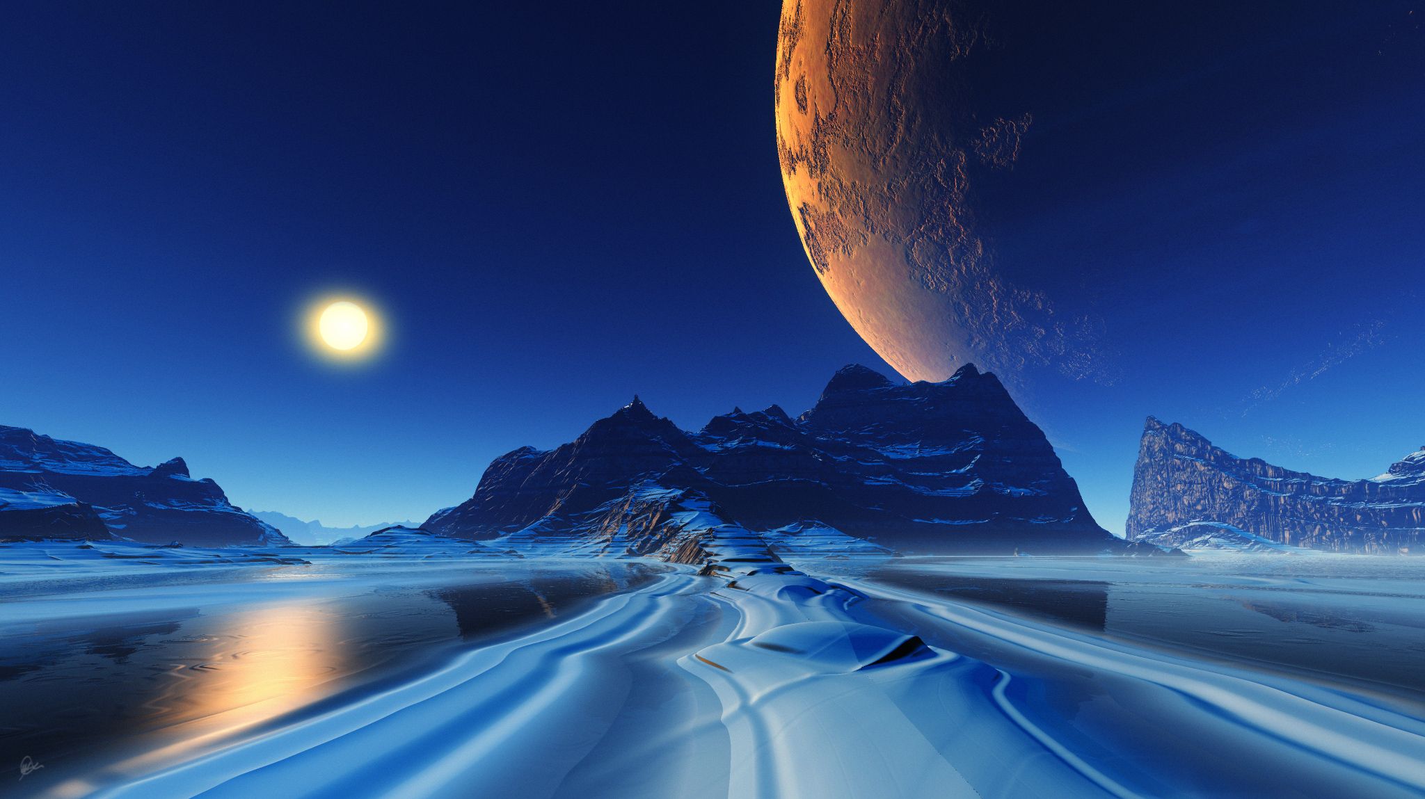 2048x1149 Landscape Cinematic Planets Reflection Macbook Pro Retina , HD 4k Wallpaper, Image, Background, Photos and Picture