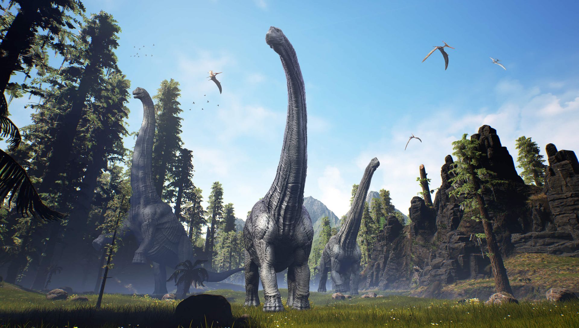 1920x1090 Alamosaurus group walking through a valley