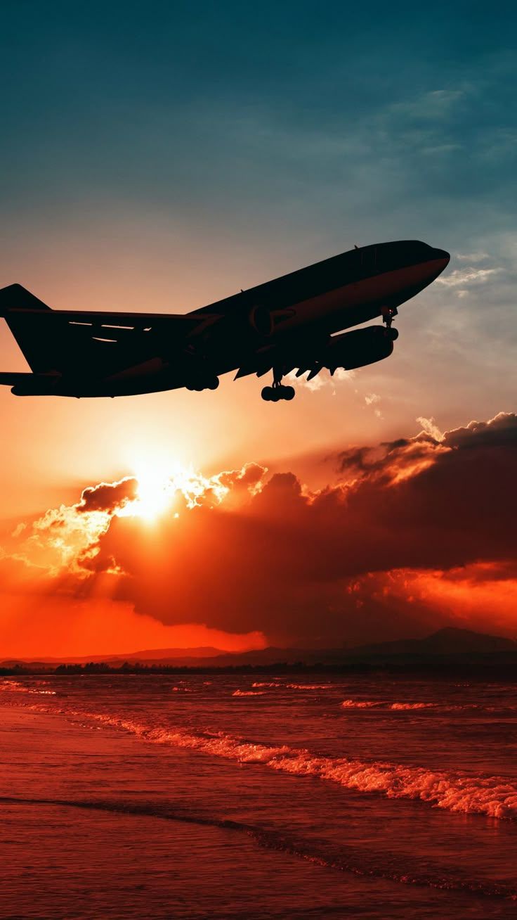 736x1308 Airplane Flying Over Beach Shore Sunset 5k iPhone 6s, 6 Plus, Pixel xl , One Plus 3t, 5 , HD 4k Wallpaper, Image, Background, Photos and Picture