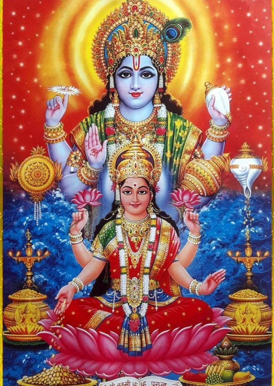 908x1280 Download Laxmi Narayan Vishnu Standing Over Lakshmi Wallpaper