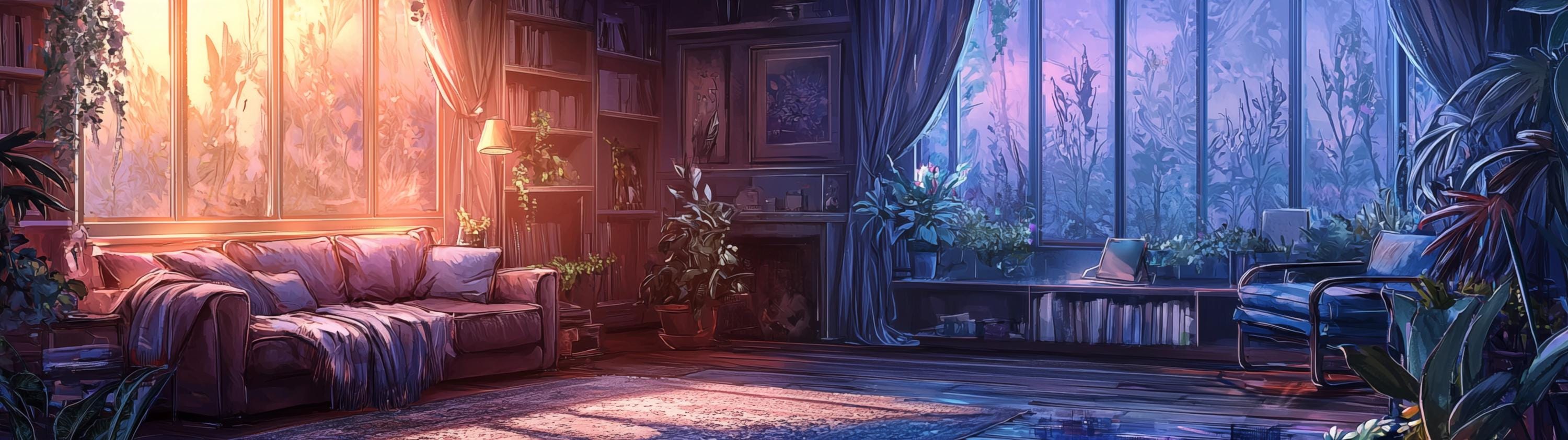3000x843 Cozy Anime Town Dual Monitor Wallpaper