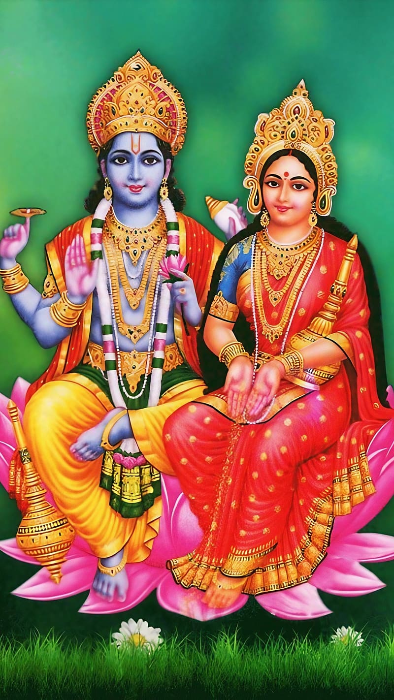 800x1422 Vishnu Lakshmi Sitting On Lotus, vishnu lakshmi, lakshmi sitting on lotus, lord, HD phone wallpaper