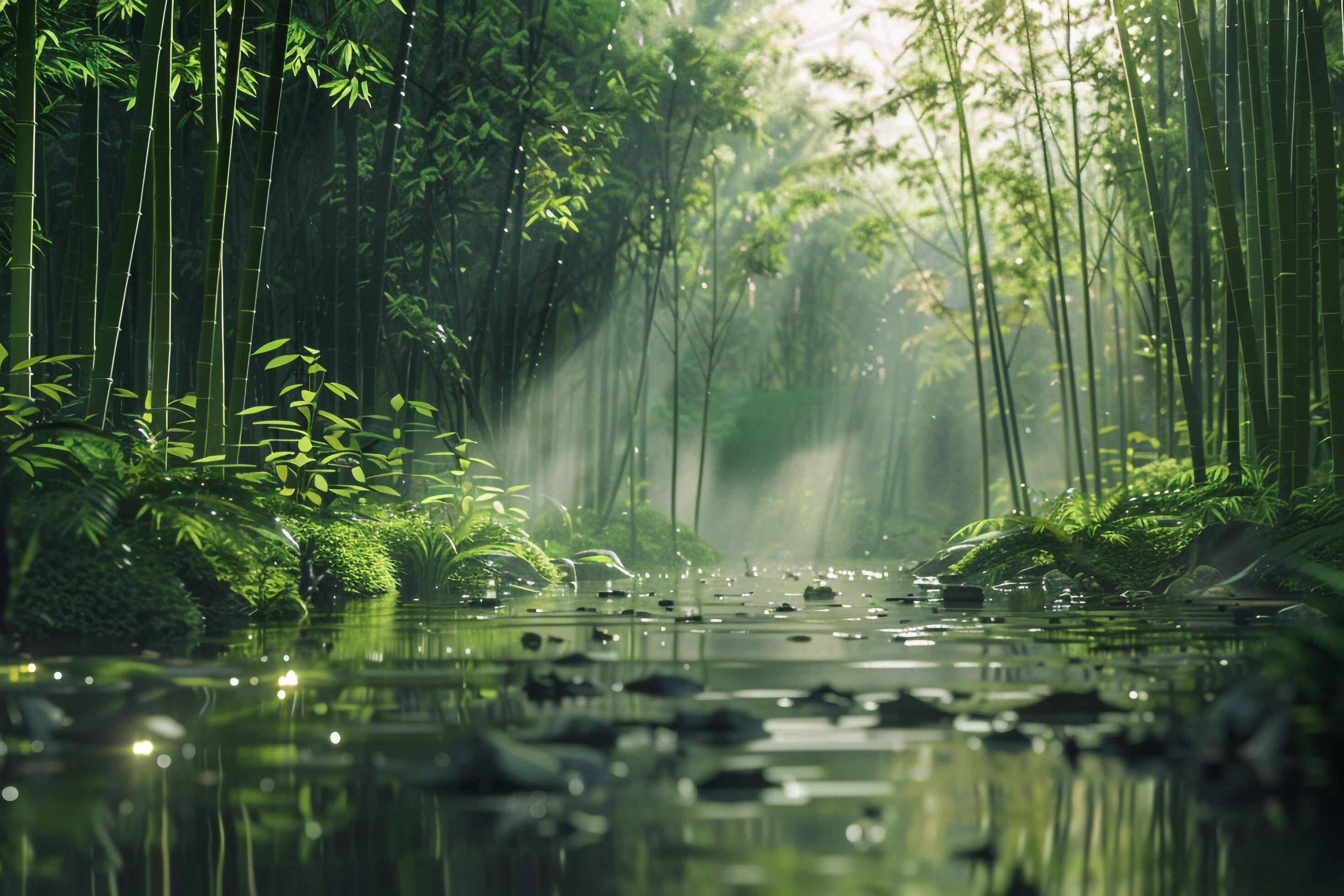 2940x1960 a river in the middle of a bamboo forest background