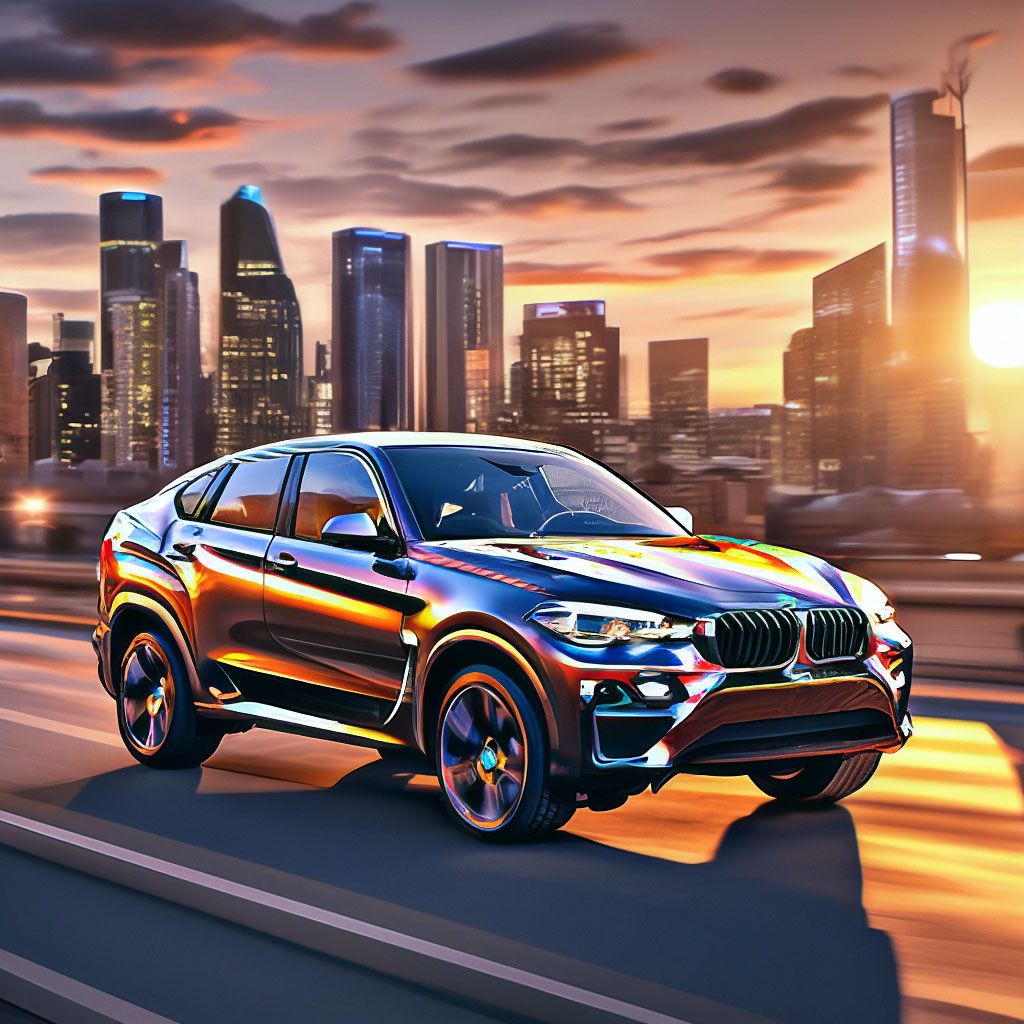 1024x1024 Moving bmw x6 at sunset around the city, really high quality detail