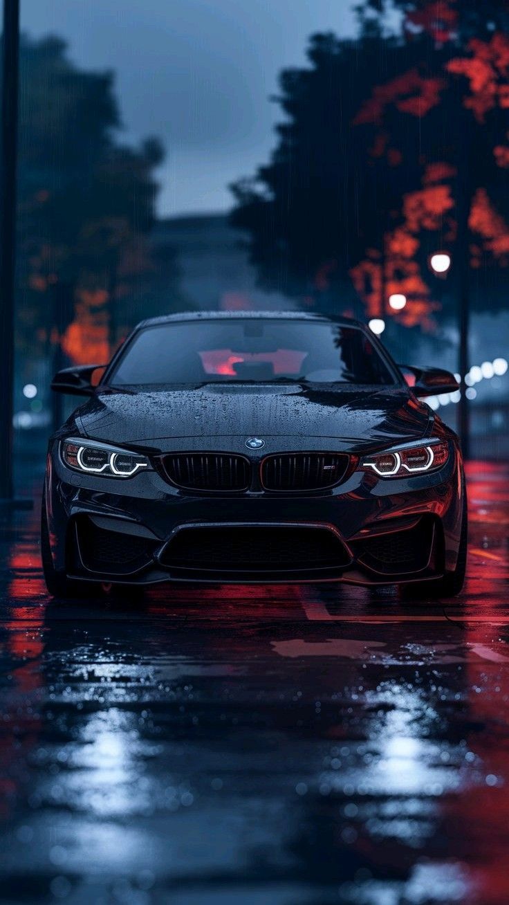 736x1308 All Black BMW In Rain With Reflections Of City Light