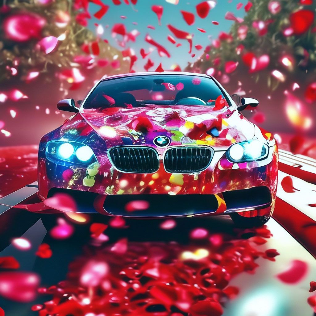 1024x1024 Cool BMW car, studded with colored diamonds, glitters and shimmers, , beautiful, red carpet road, rose leaves