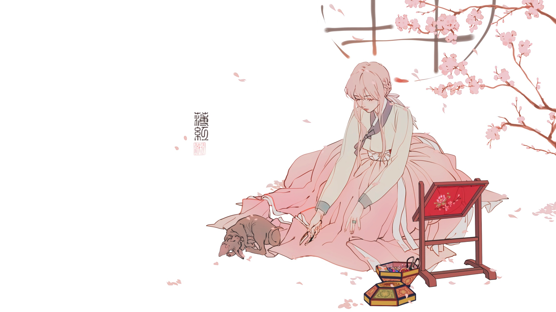 1920x1080 Korean Anime Girl Serenity: HD Wallpaper with Cherry Blossoms and Gentle Moments