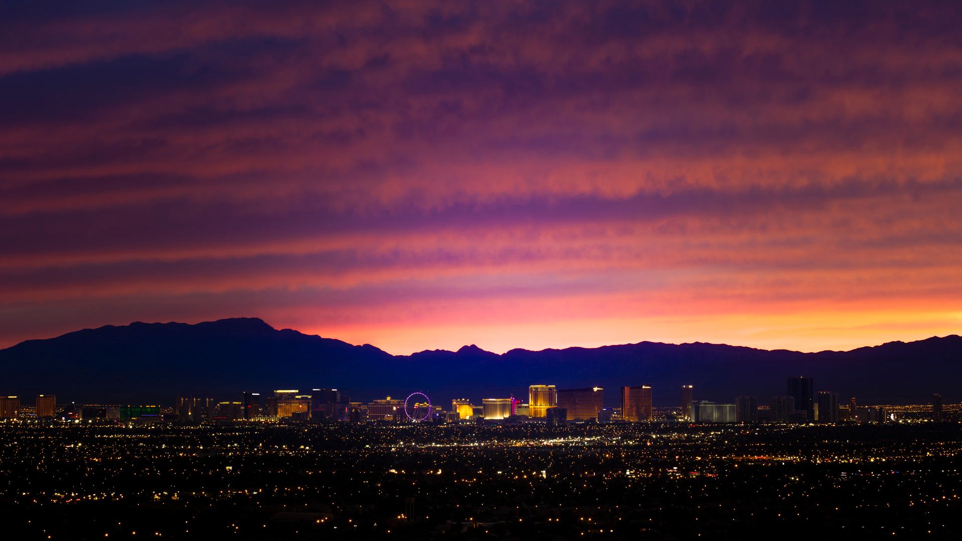 1920x1080 Las Vegas Strip view from a distance during sunset, Nevada, USA. Windows Spotlight Image