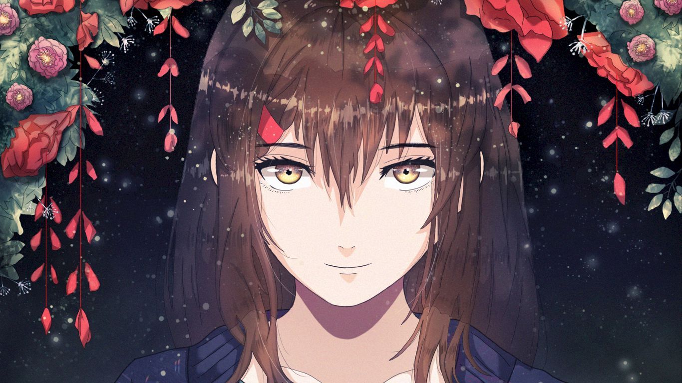 1366x768 Download wallpaper 1366x768 girl, anime, smile, sweet, flowers tablet, laptop HD background