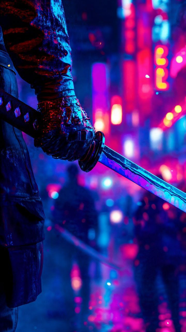 720x1280 free 4K wallpaper samurai, katana, hand, neon, night, art by Lover of aesthetics