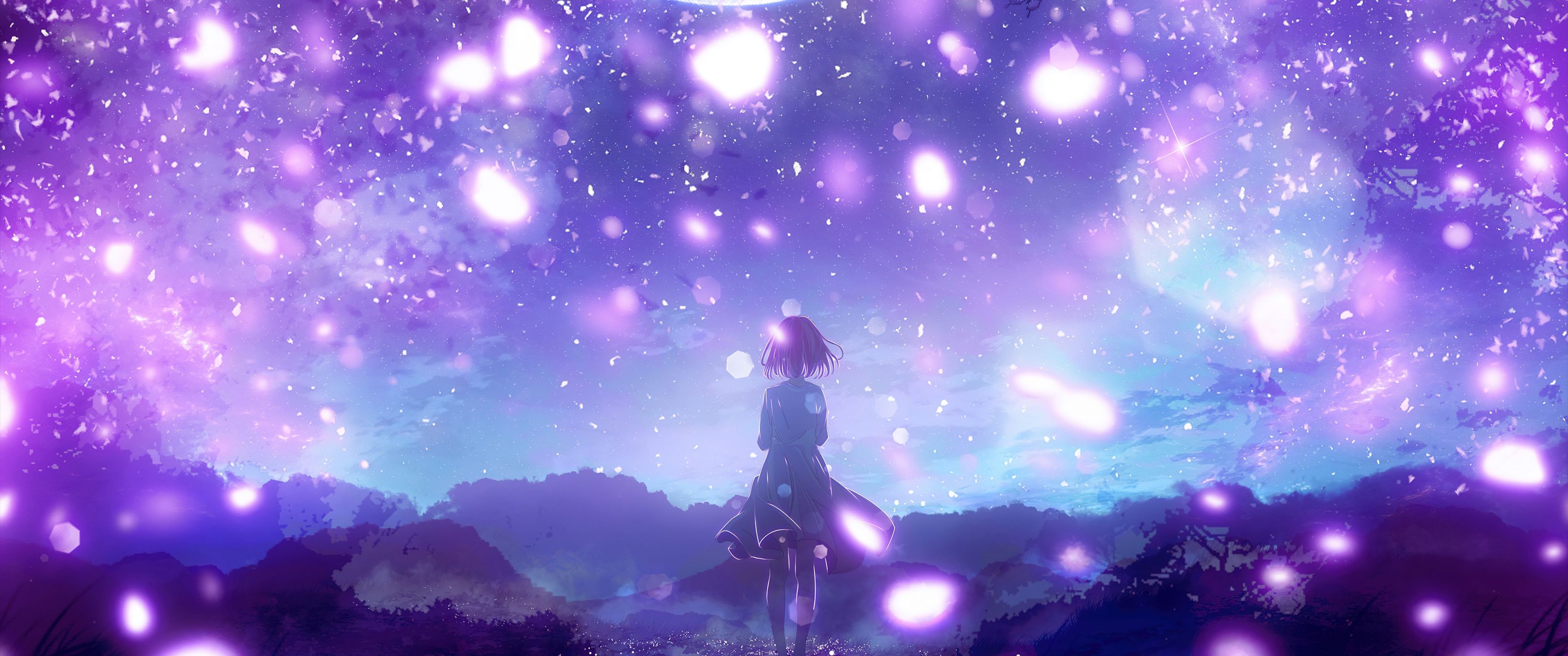 3440x1440 Anime girl Wallpaper 4K, Purple aesthetic, Crescent Moon