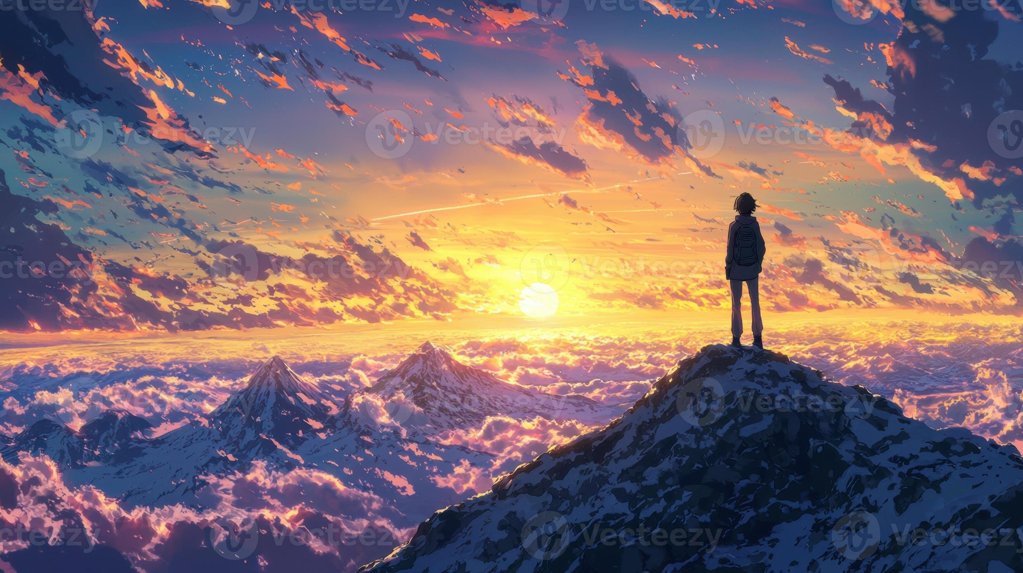 3497x1960 Anime wallpaper, man standing on top of mountain, sunset, clouds, mountains, sky