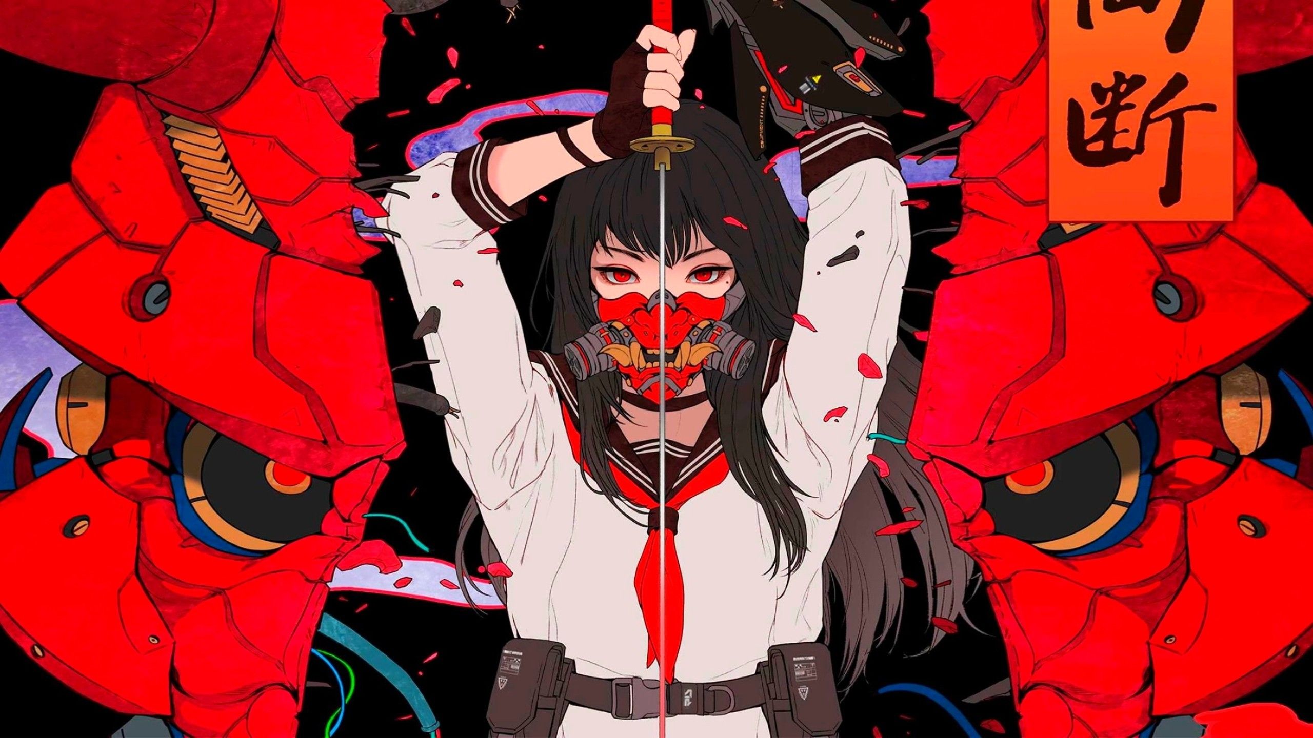 2560x1440 Neon Katana Girl With Sword HD Cyberpunk Wallpaper