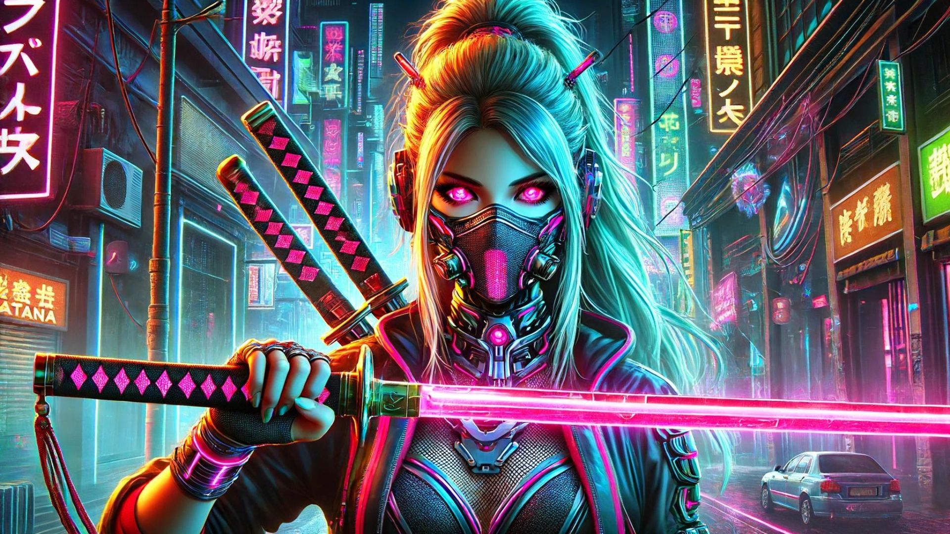 1920x1080 neon katana wearing a futuristic mask with sword HD Cyberpunk Wallpaper