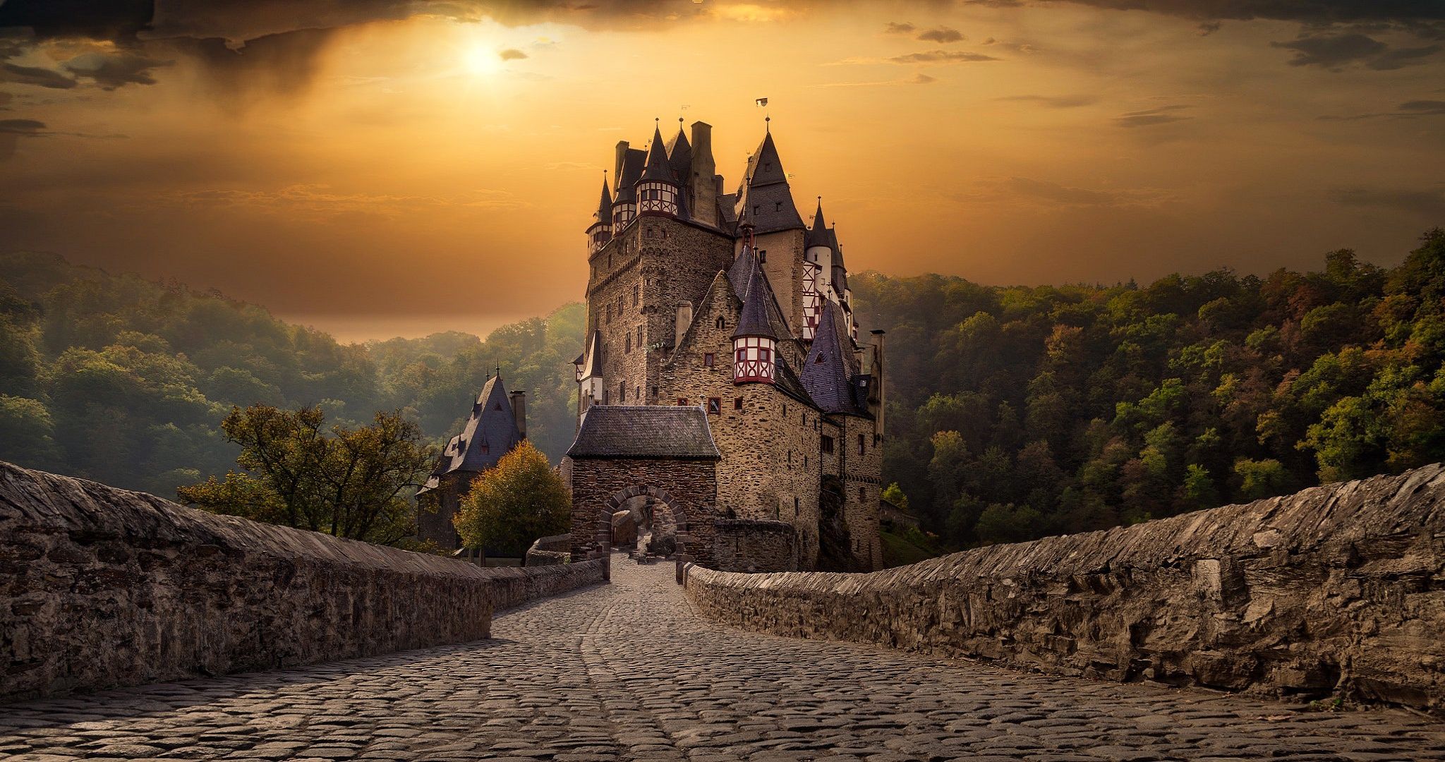 2048x1080 Wallpaper sunset, nature, castle, Germany, Burg Eltz for mobile and desktop, section город, resolution 2048x1080