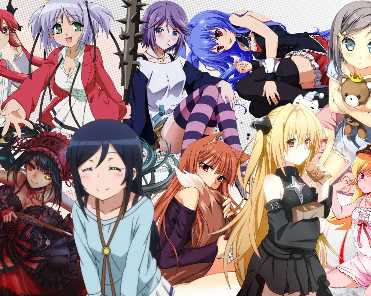1280x1024 Download Anime Waifu Collage Characters On White Aesthetic Wallpaper