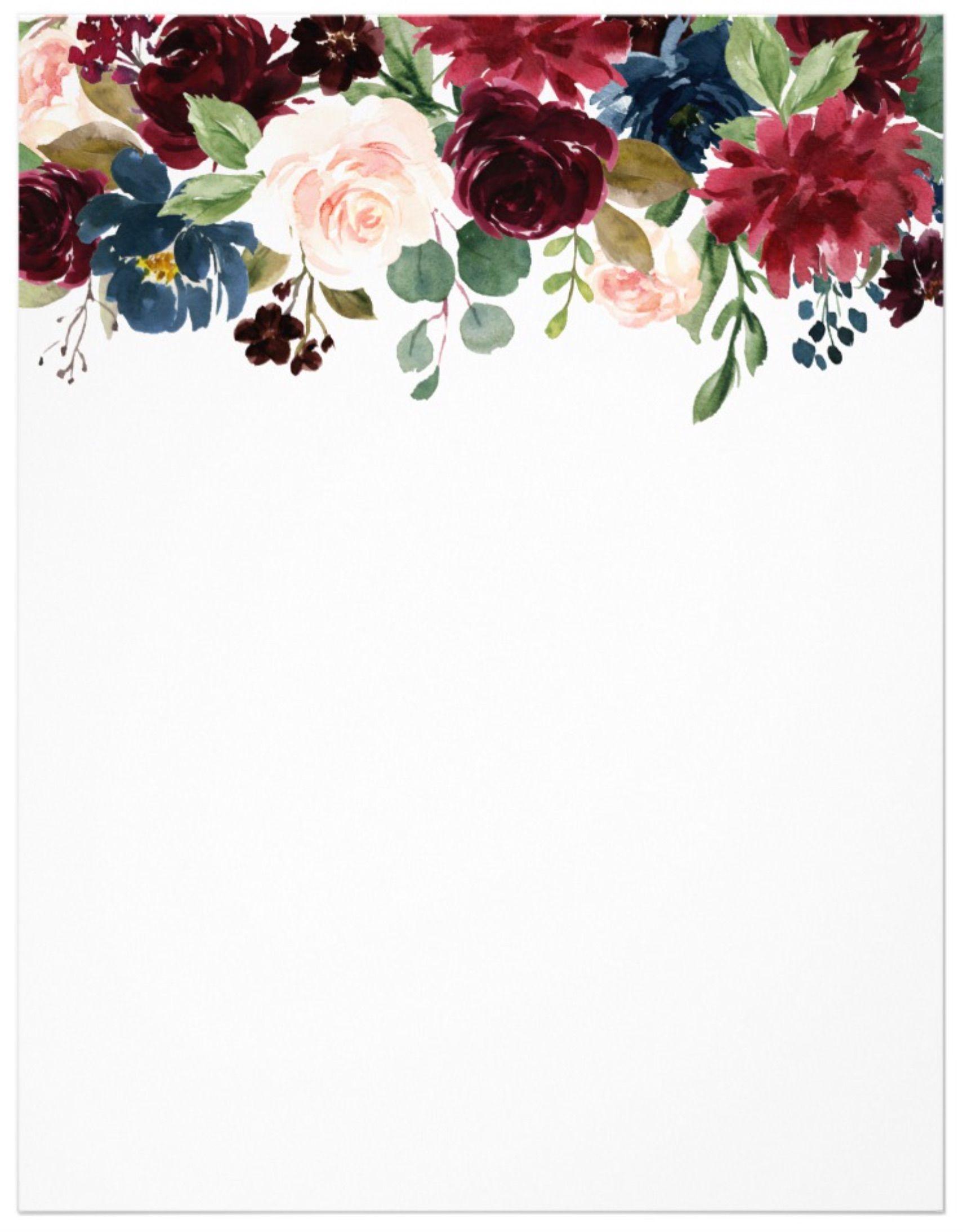 1710x2186 Burgundy Blue Watercolor Flowers Border Letterhead Flowers by JunkyDotCom hand drawn. Watercolor flower background, Flower border, Watercolor flowers