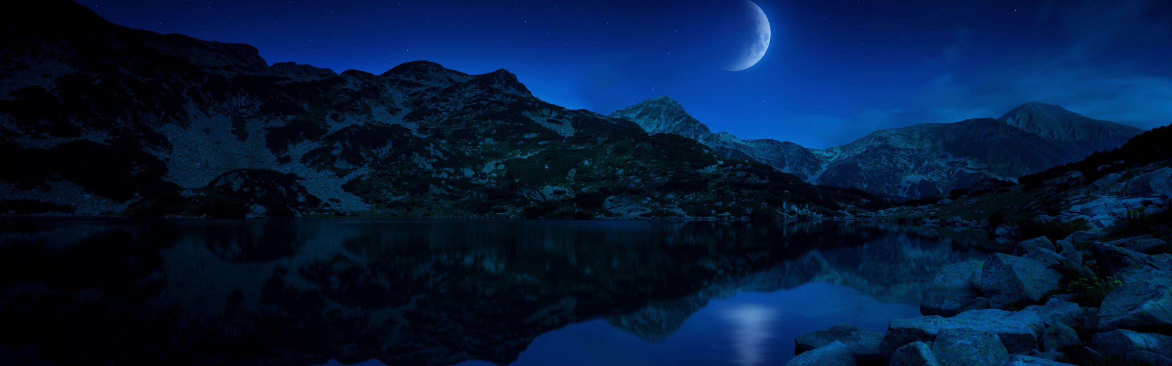 3840x1200 Night Half Moon Mountains Lake Bulgaria Wallpaper in jpg format