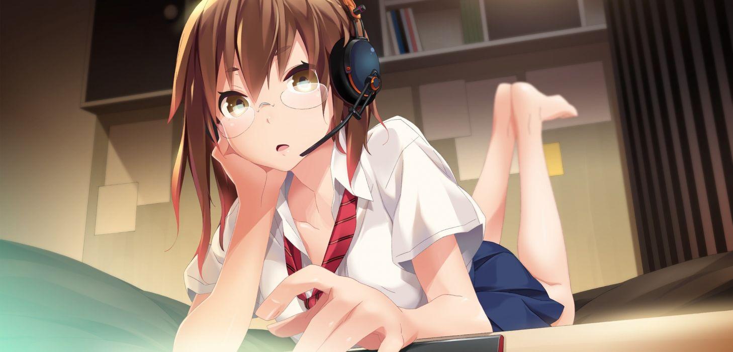 1458x700 Headphones glasses visual novels anime anime girls headsets Brava