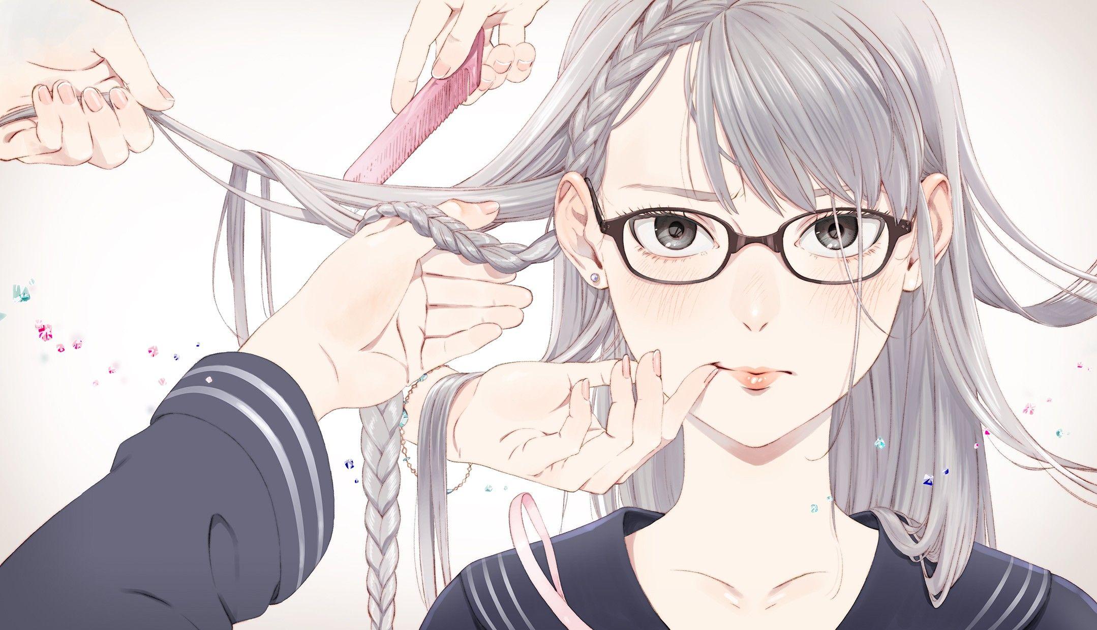 2158x1240 #glasses, #anime, #original characters, #white hair