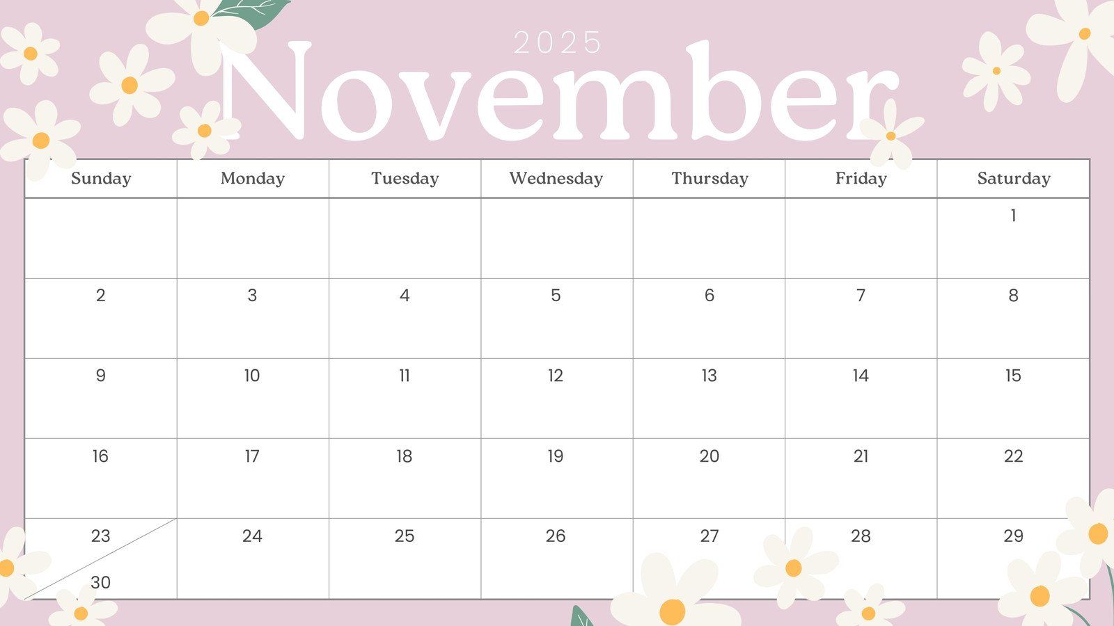 1600x900 Free and printable November 2025 calendar templates