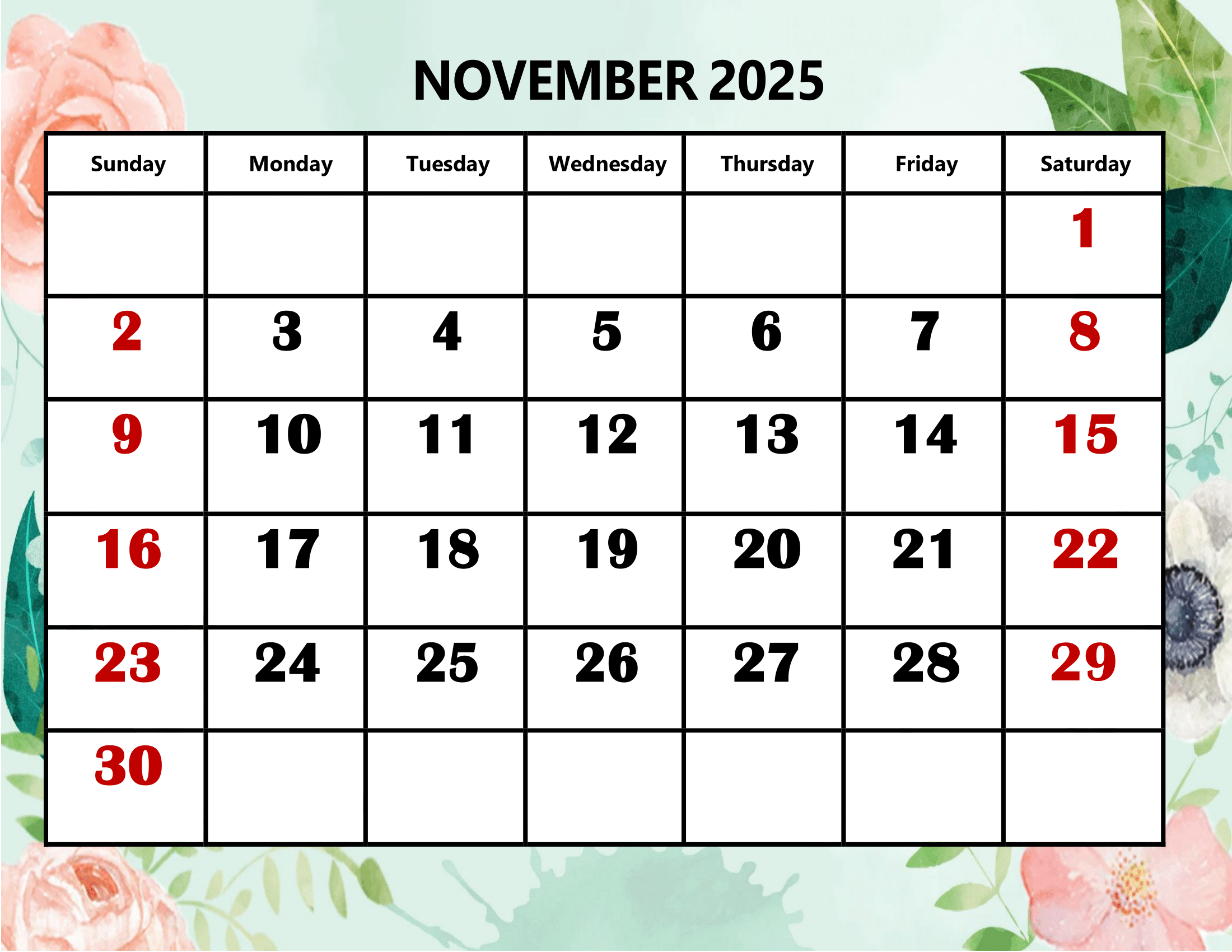 2200x1700 November 2025 Calendar Printable PDF Template with Holidays