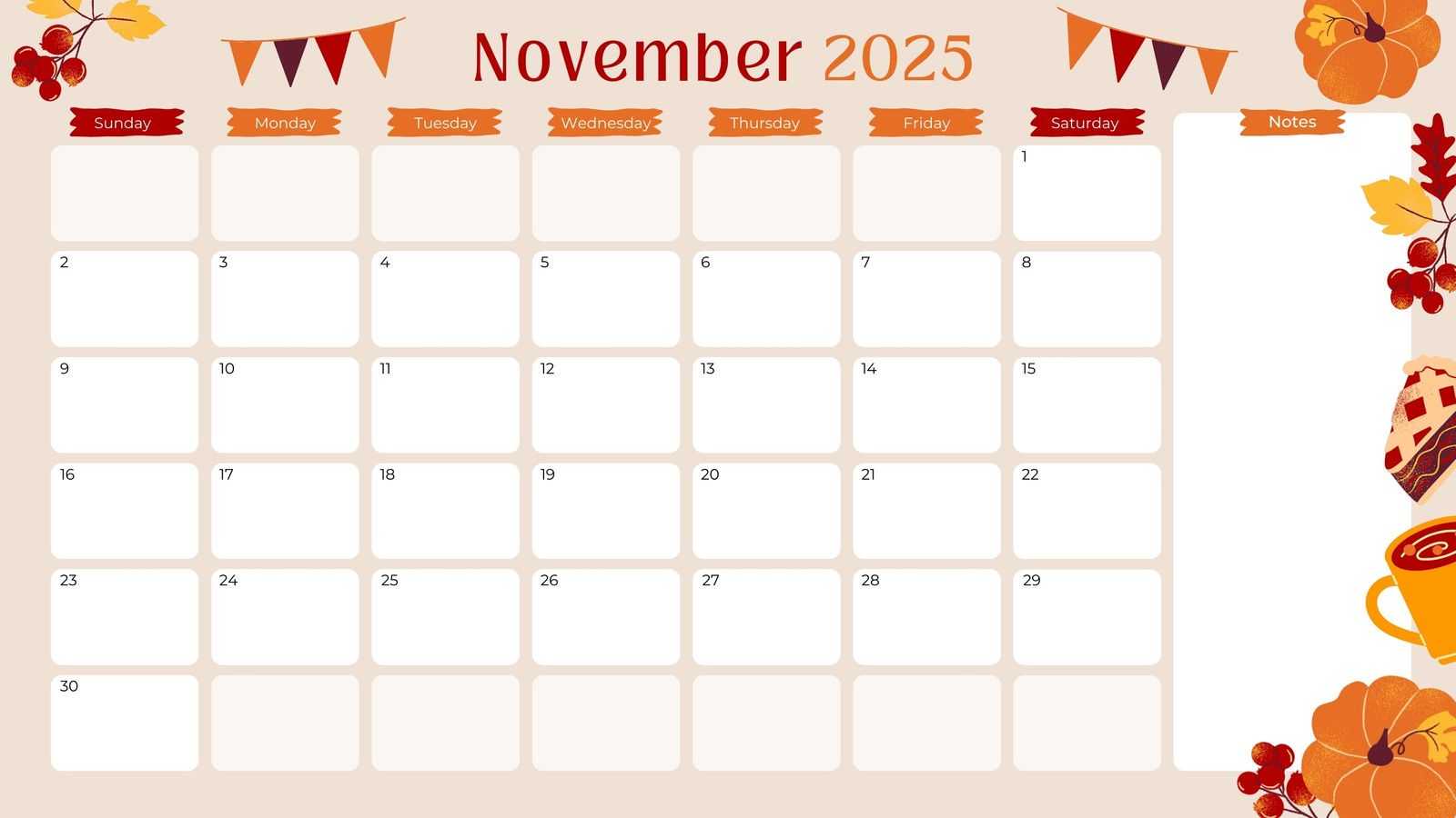 1600x900 Free and printable November 2025 calendar templates