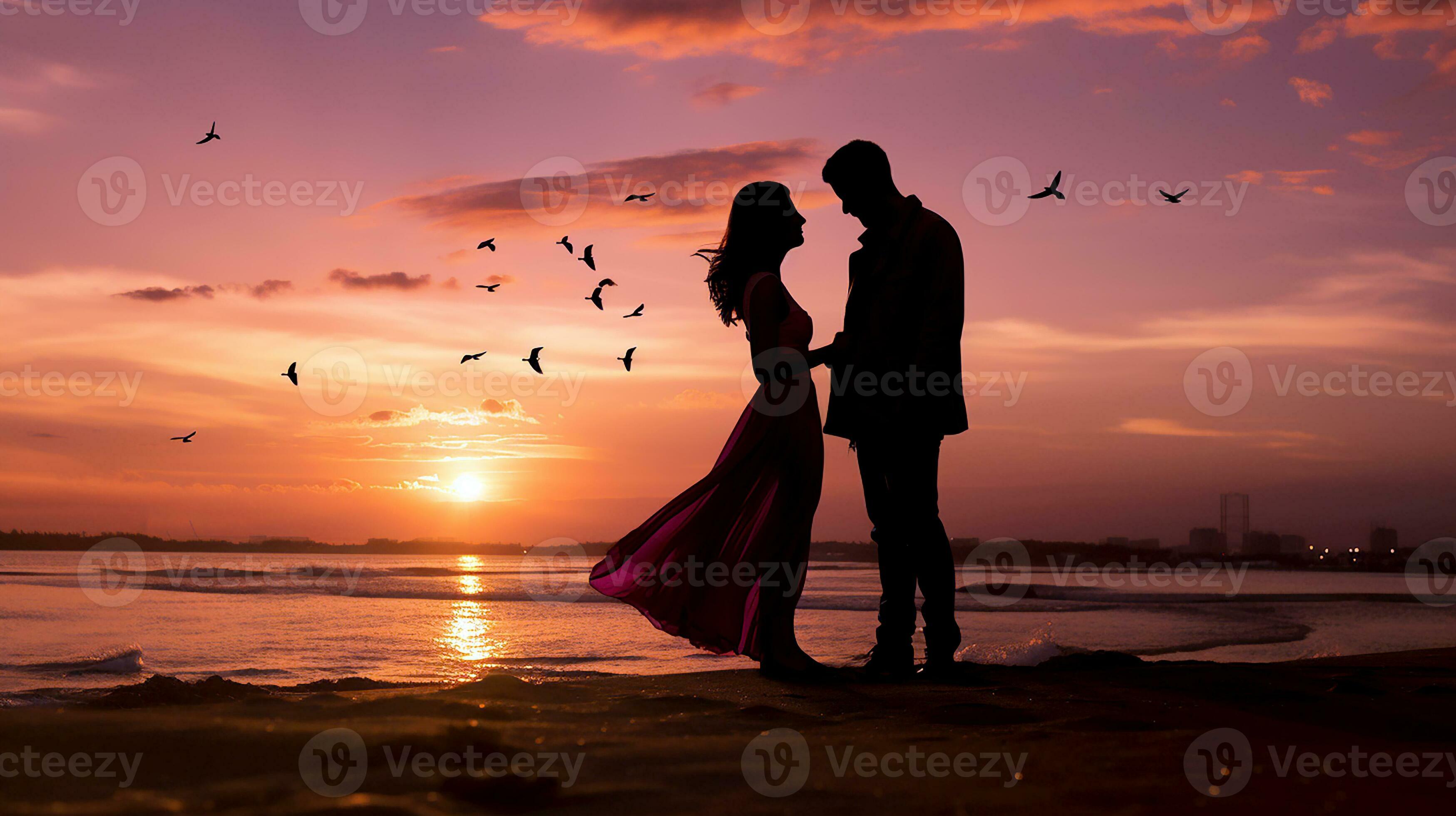 3498x1960 AI generated Silhouette of a couple on the sunset. Couple of young people enjoying the beauty of the afternoon sun. For valentine greeting, romantic wallpaper concept. Generative AI