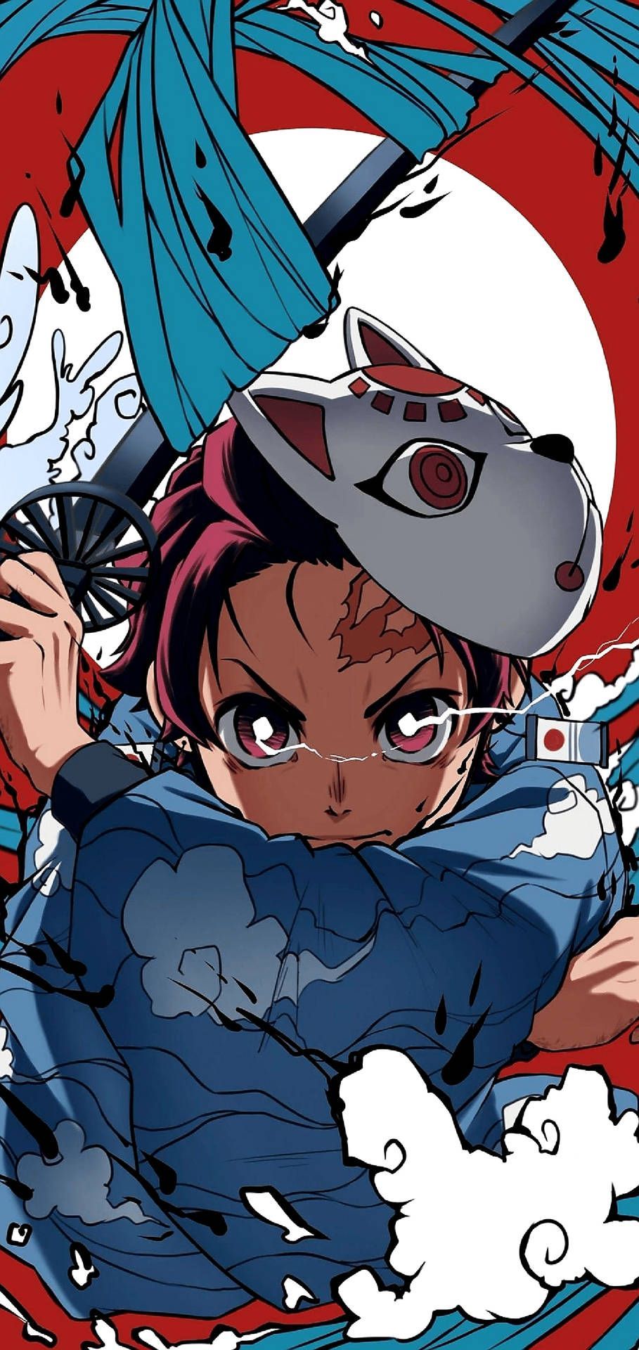 909x1920 Download Vibrantly Colored Tanjiro Mask from the Demon Slayer Series Wallpaper