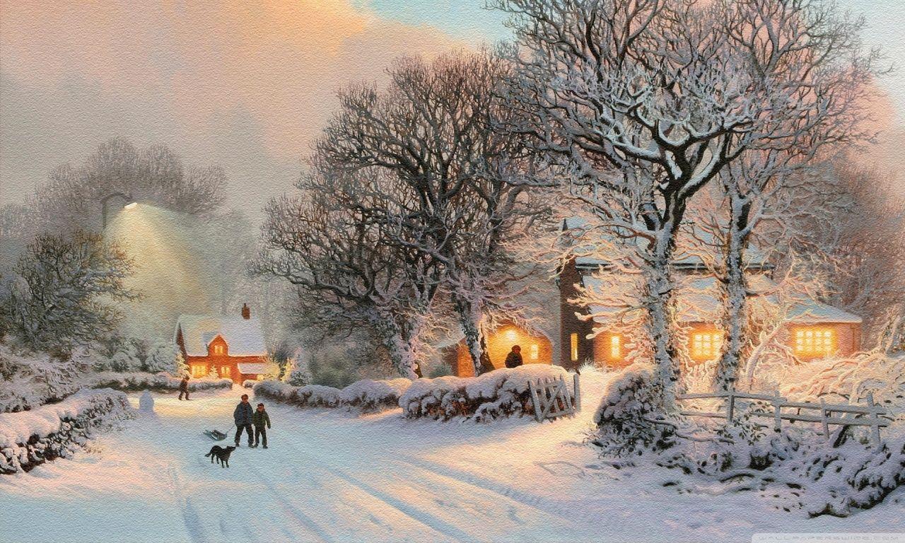 1280x768 Village In Winter Painting Ultra HD Desktop Background Wallpaper