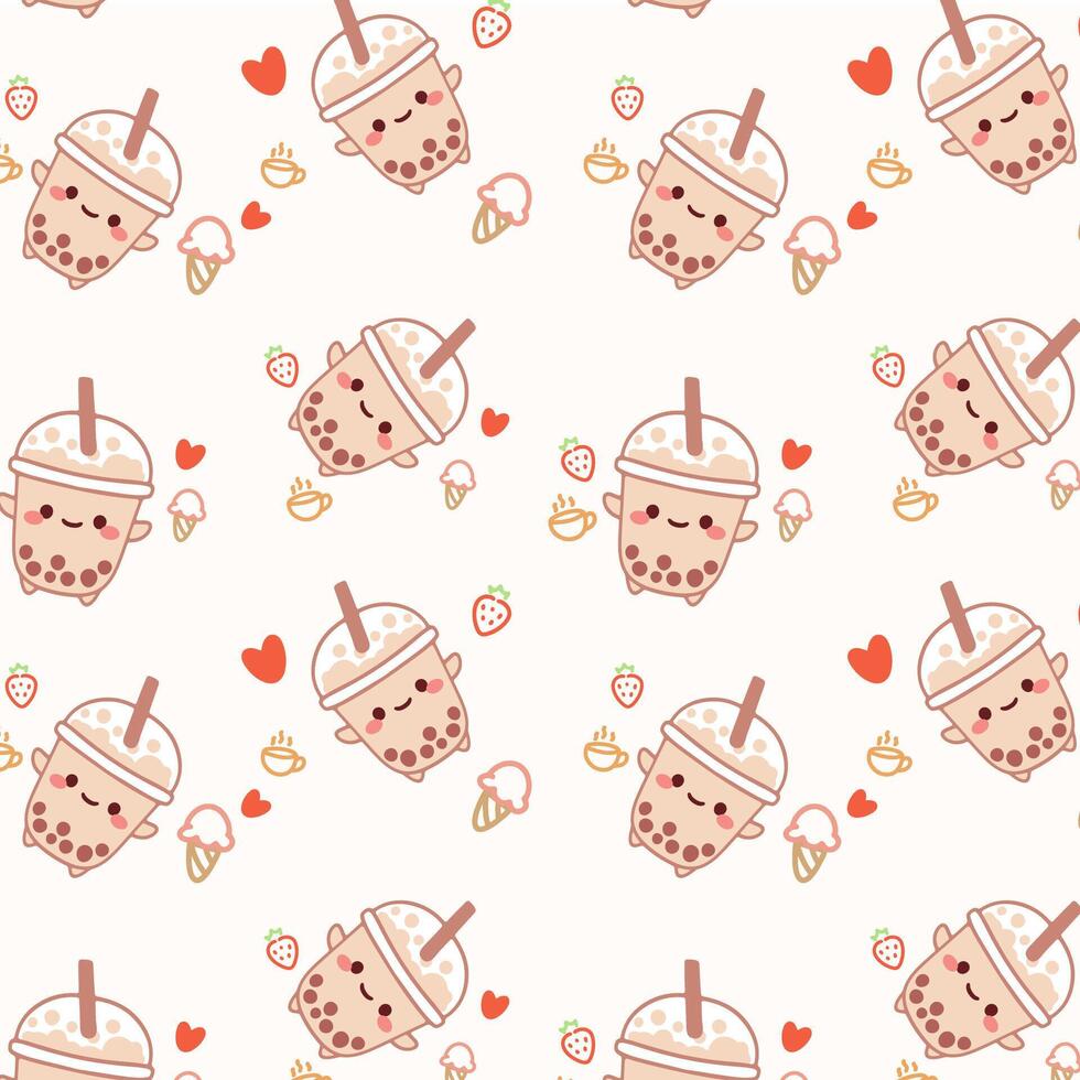 980x980 Kawaii cute pattern with boba bubble milk tea on white background