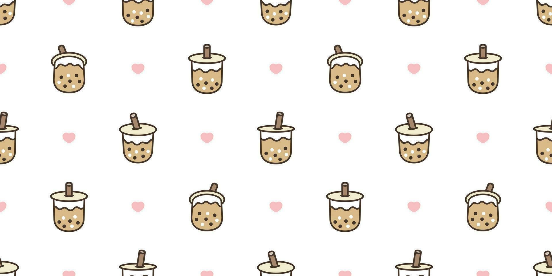 1920x960 Boba tea seamless pattern vector bubble milk tea heart valentine scarf isolated repeat wallpaper tile background illustration doodle design