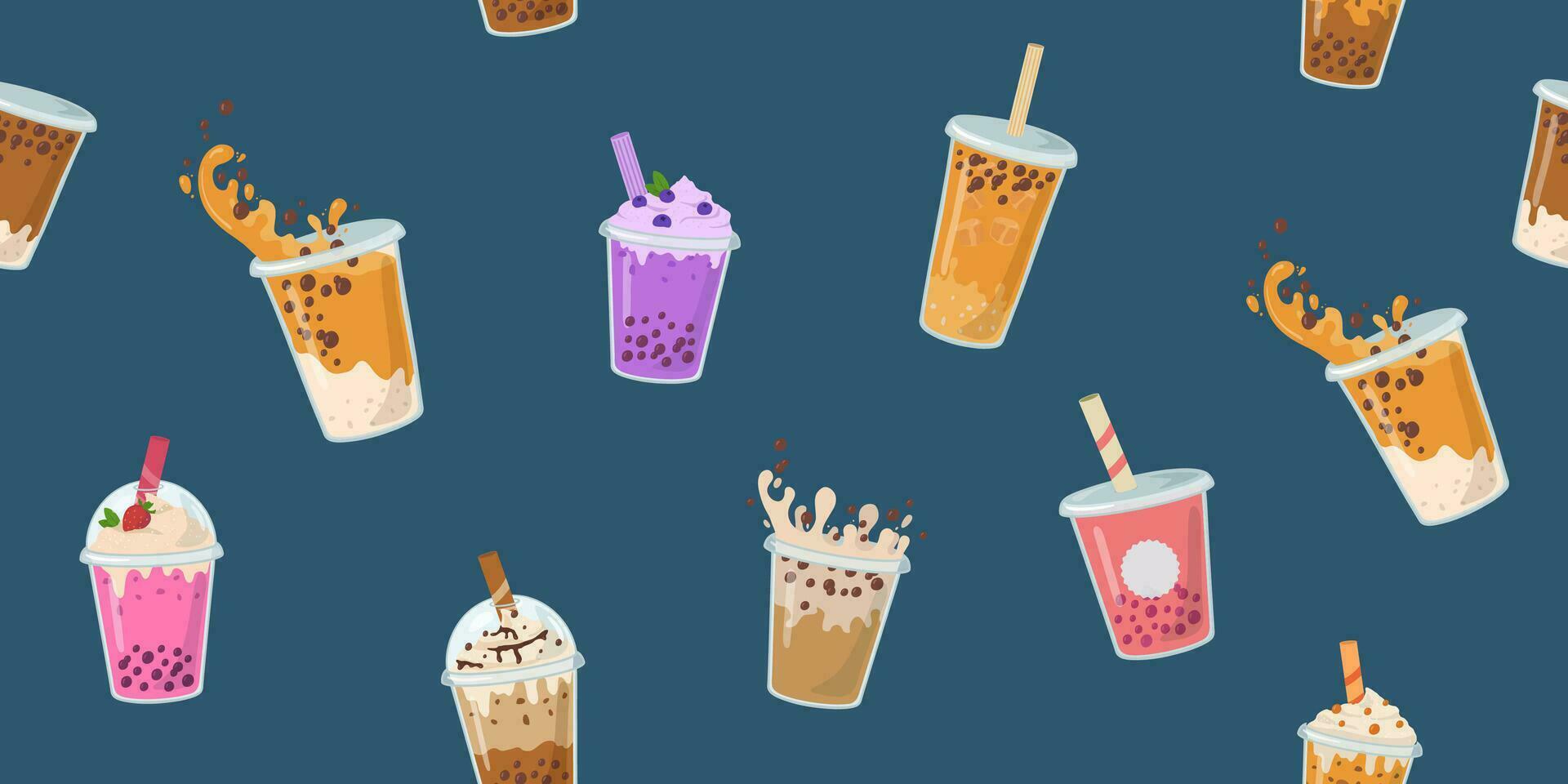 1920x960 Bubble milk tea seamless pattern. Boba tea with tapioca balls background. Asian cold drink cartoon vector illustration