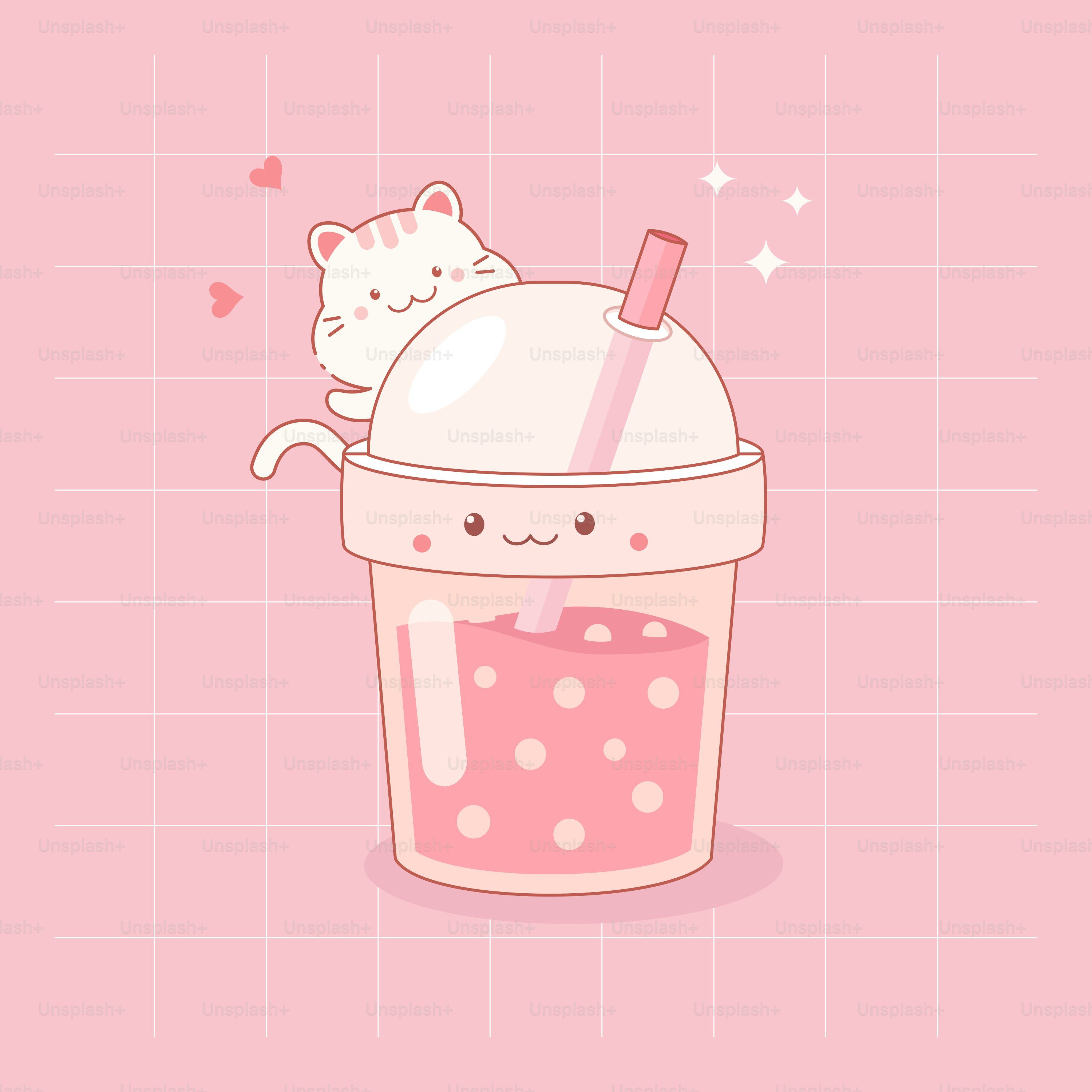 3000x3000 A cute cat peeks over a pink boba tea. vector