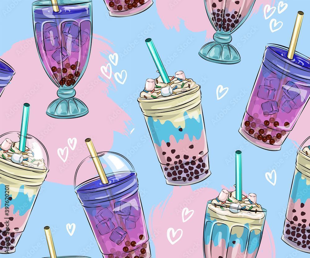 1000x833 Illustration Stock Bubble tea seamless pattern. Popular asian cold drink, pearl milk tea, trendy breakfast Vietnam boba tea with tapioca balls design vector texture
