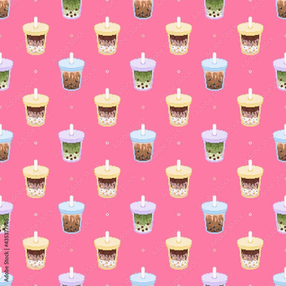 1000x1000 Pixel Art Seamless Bubble Milk Tea Pattern. Cute Pink Background With Colorful Boba Tea Drinks Pattern. Vintage 8 Bit Bubble Tea Pattern For Textile, Fabric, Paper, Decoration. Vector Tile Backdrop. Stock Vektor