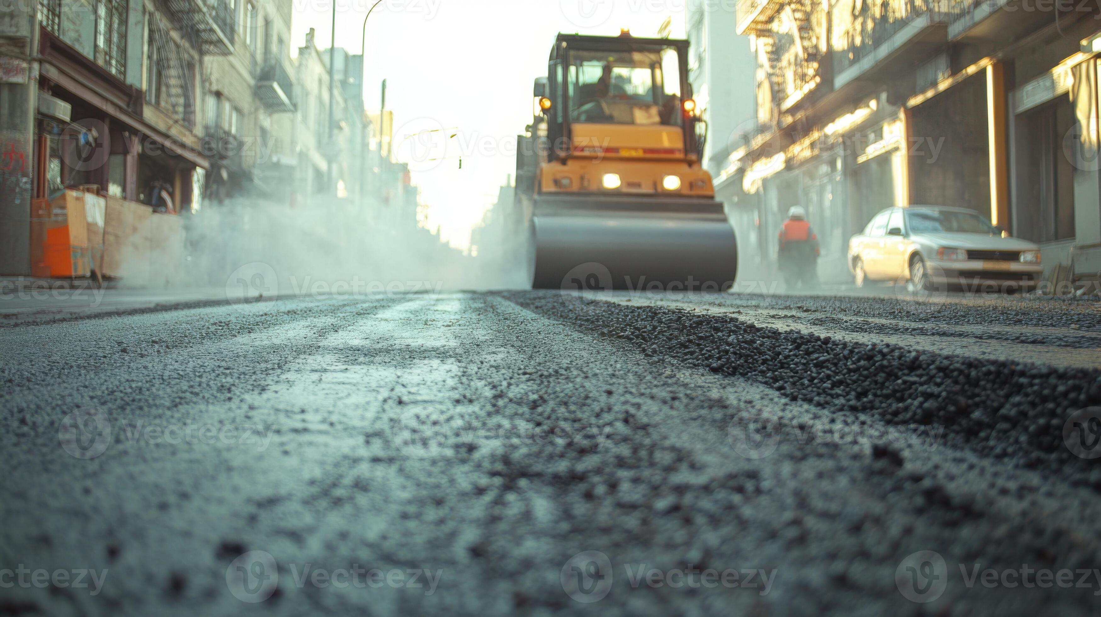 3497x1960 Road roller compacting new asphalt on a city street. Fresh tar is steaming in the sunlight. Urban construction vehicle. Buildings line the road