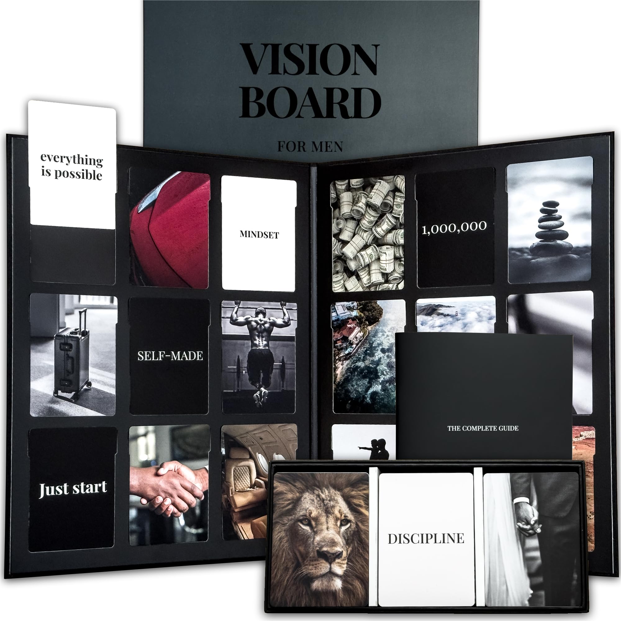2000x2000 Vision Board Kit for Men Cards with Diverse Picture & Quotes, Black Foldable Board & Complete Guide Book. Manifestation Clip Art Collage Supplies for Male Adults