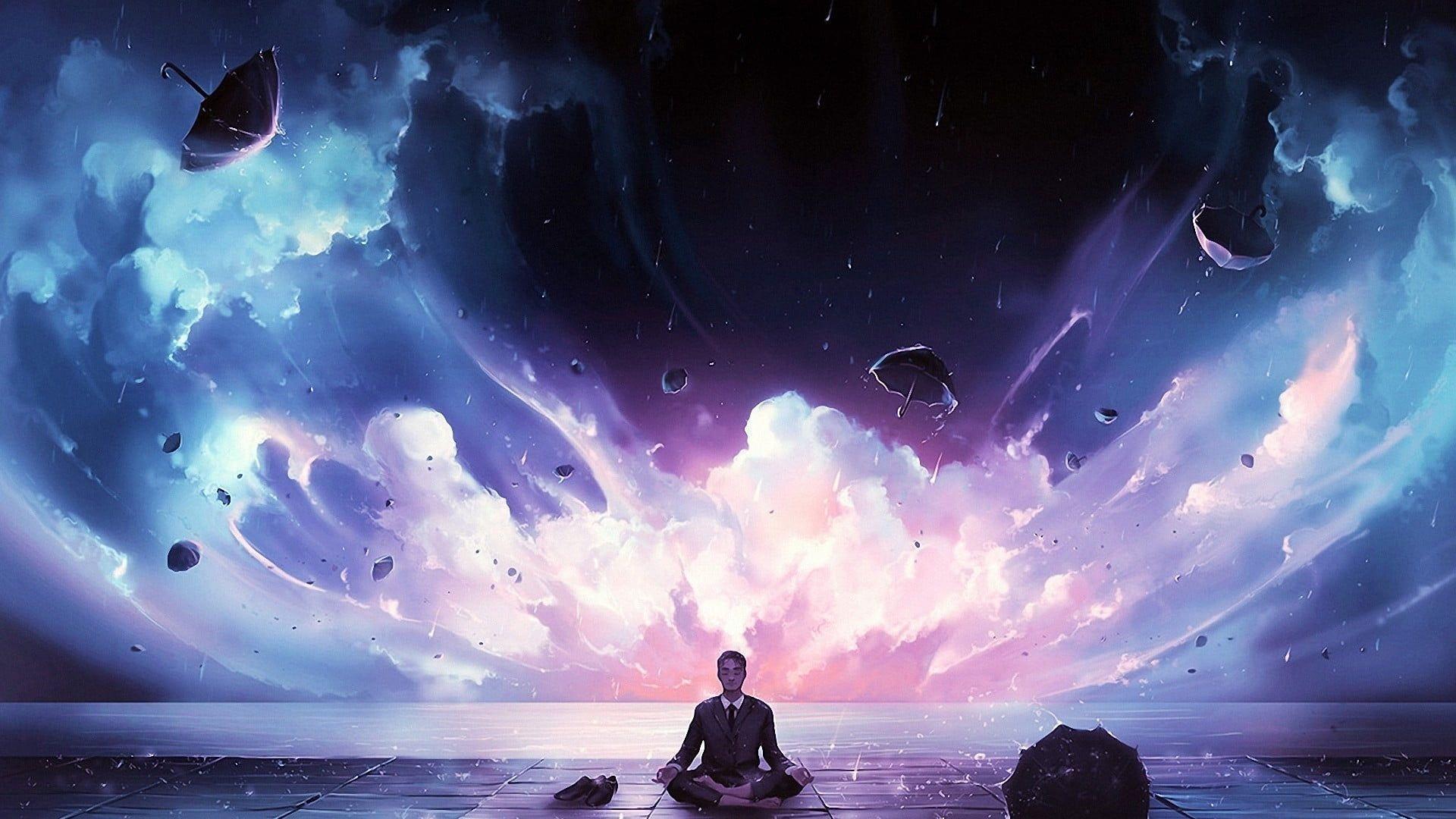 illustration of man meditation person sitting on universe meditating over  the ocean with Milky Way background back view Generative Ai 22589984  Stock Photo at Vecteezy