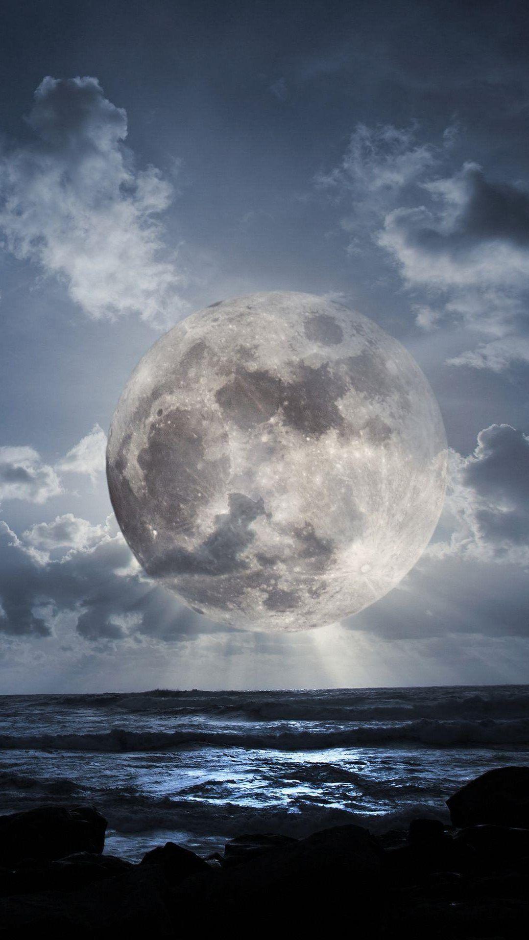 1080x1920 Super Moon Over Sea Android Wallpaper free download