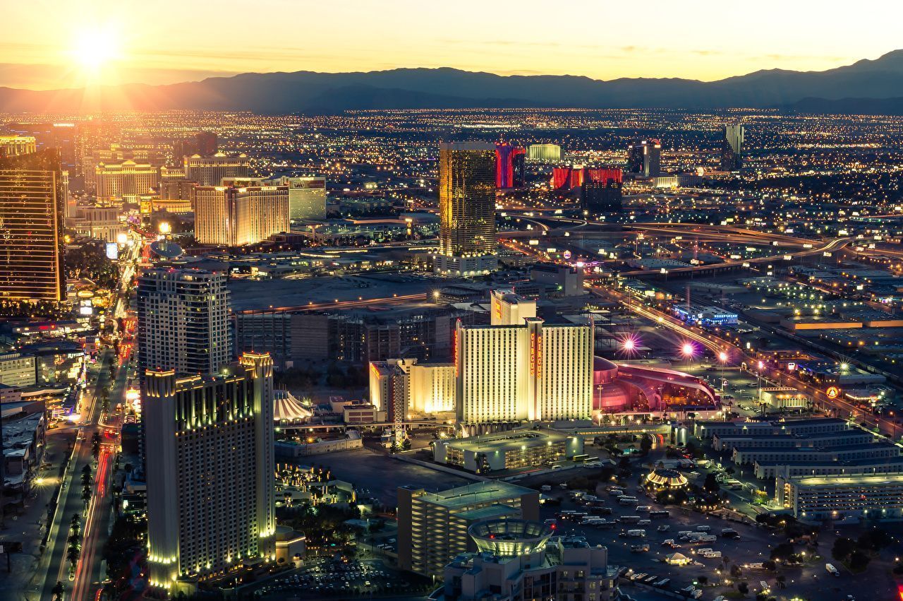 1280x851 Wallpaper Las Vegas USA Megapolis sunrise and sunset From above