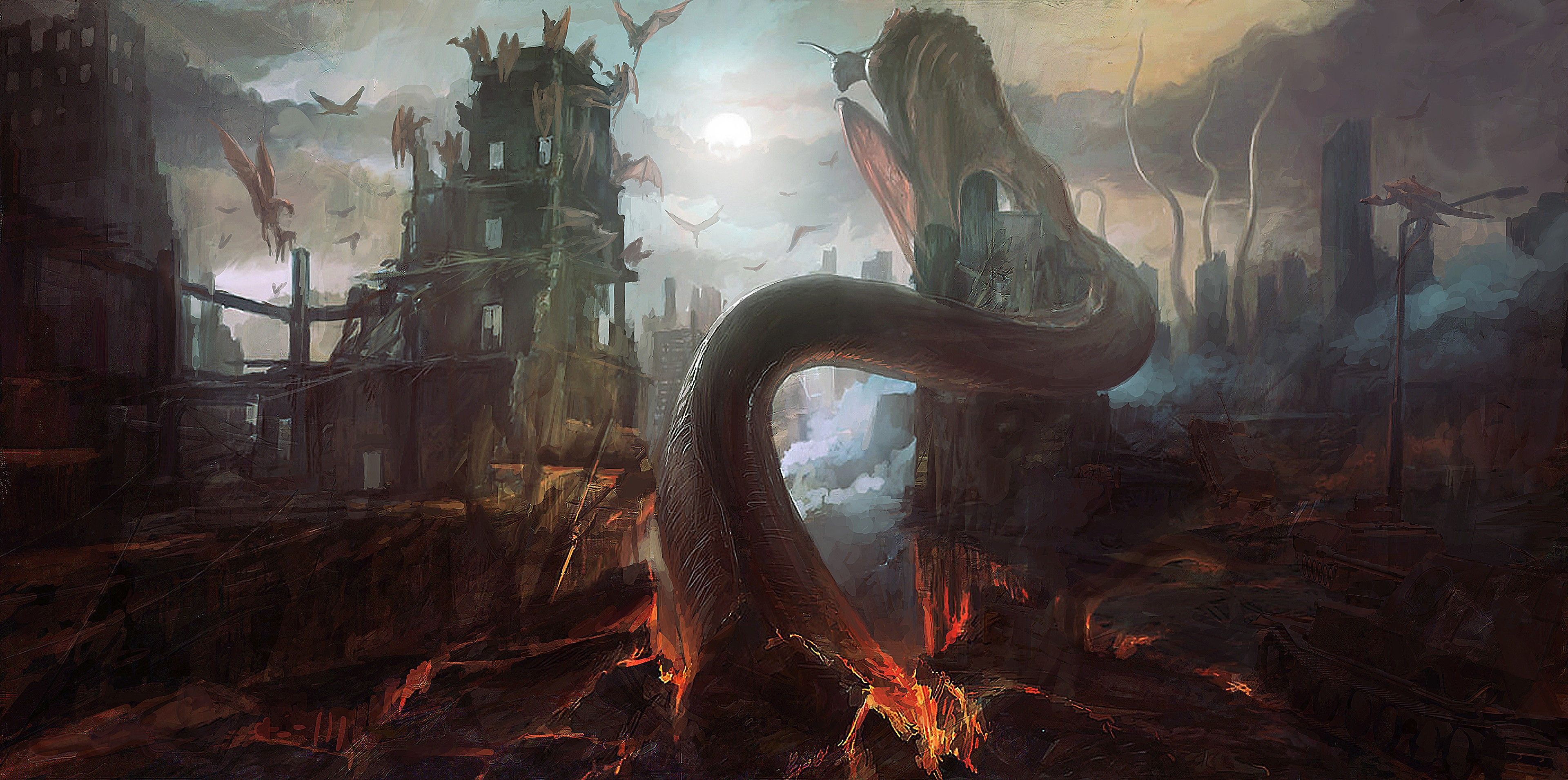 3840x1909 4K, artwork, dark fantasy, fantasy art, ruin, HD Wallpaper