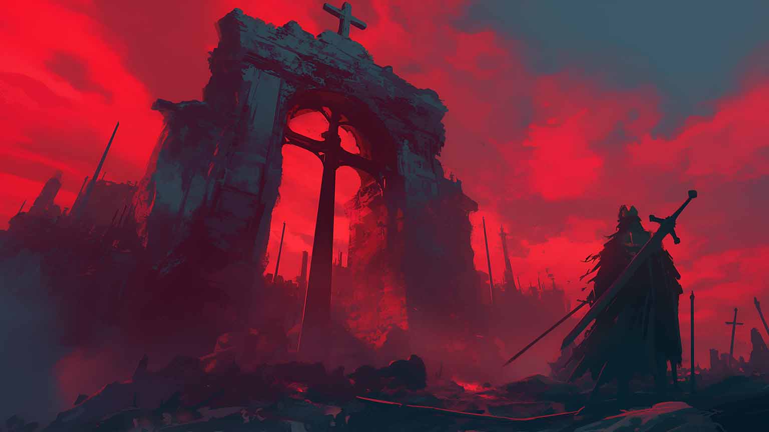1536x864 Dark Fantasy Knight Ruins Red Sky Desktop Wallpaper 4K