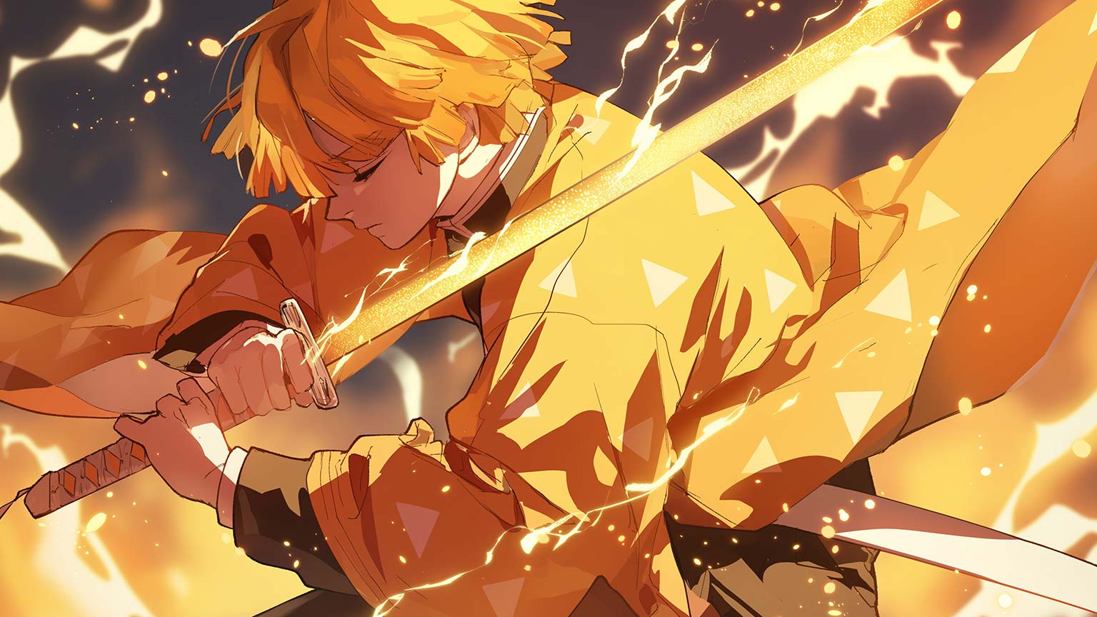 1536x864 Demon Slayer Zenitsu Thunder Strike Desktop Wallpaper in 4K