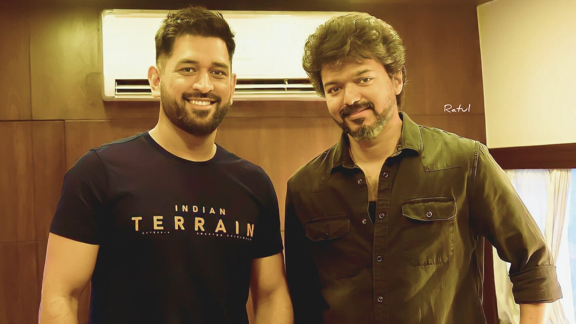 1920x1080 Smiley Face MS Dhoni Standing With Actor Vijay In Wood Board Wall Background HD Dhoni Wallpaper
