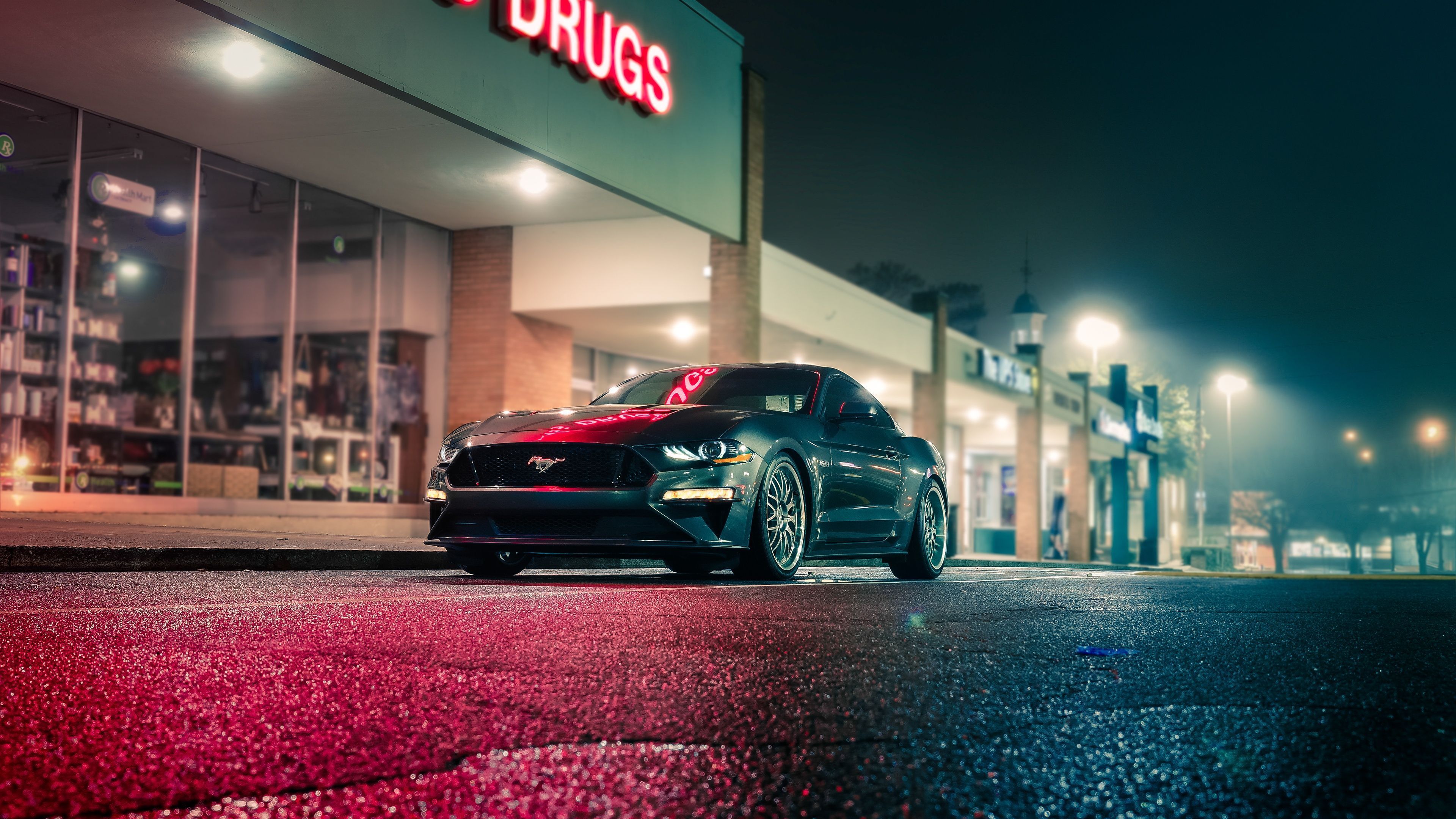 3840x2160 Ford Mustang Wallpaper 4K, Night, City lights, Neon