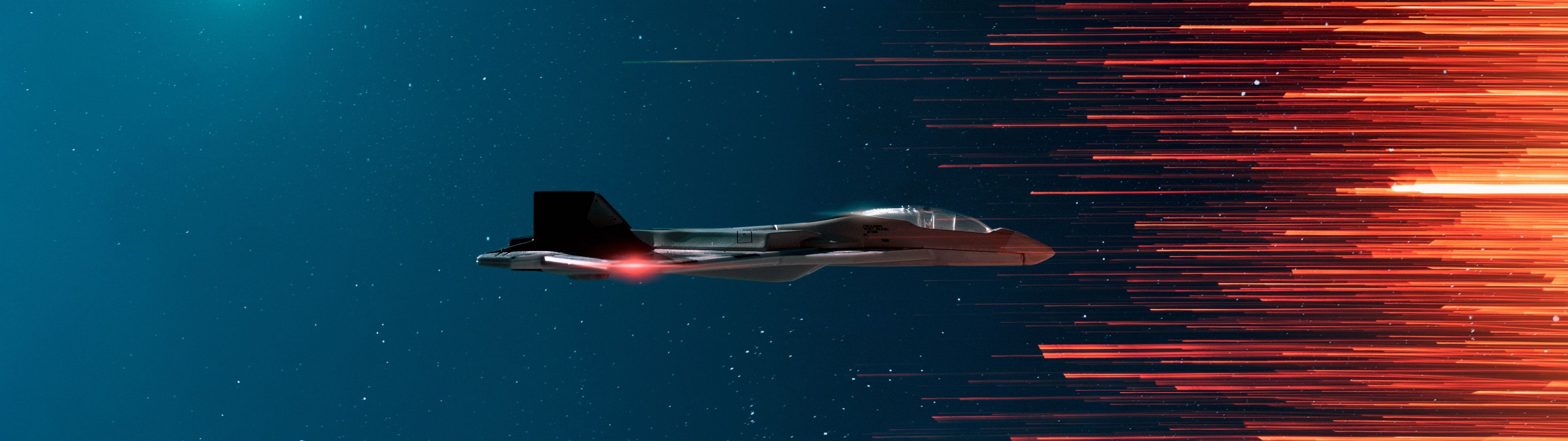 3840x1080 Fighter aircraft Wallpaper 4K, Full moon, Outer space