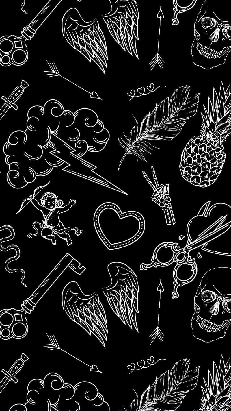 800x1422 FLASH TATTOO ART, angel, cupid, skeleton, skull, spiritual, wings, HD phone wallpaper